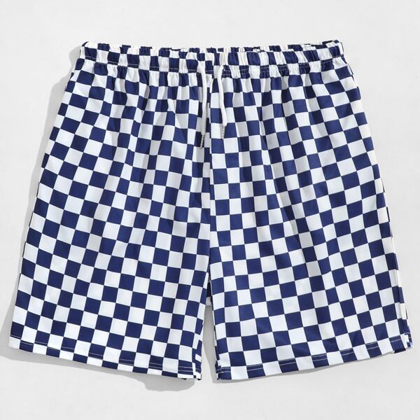 

Men Checkerboard Print Drawstring Waist Shorts, Blue and white