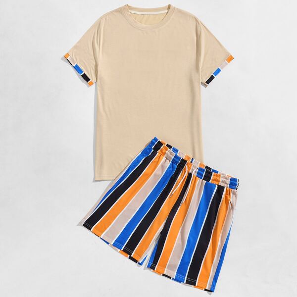 

Men Contrast Binding Tee & Striped Shorts, Multicolor