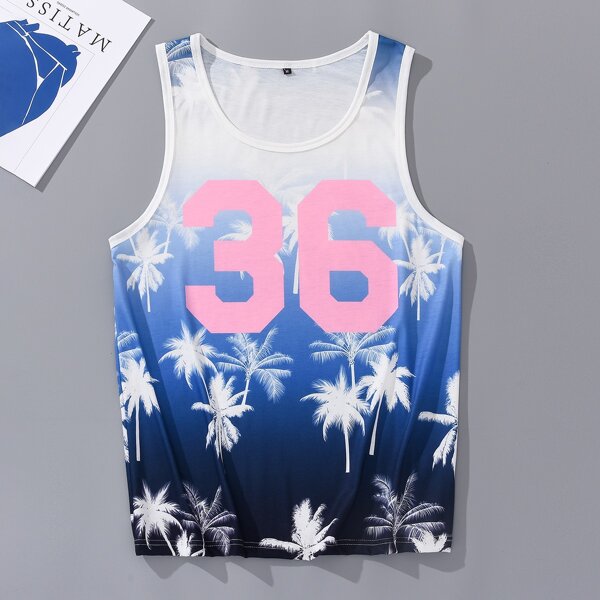 

Men Letter & Tropical Print Tank Top, Blue and white
