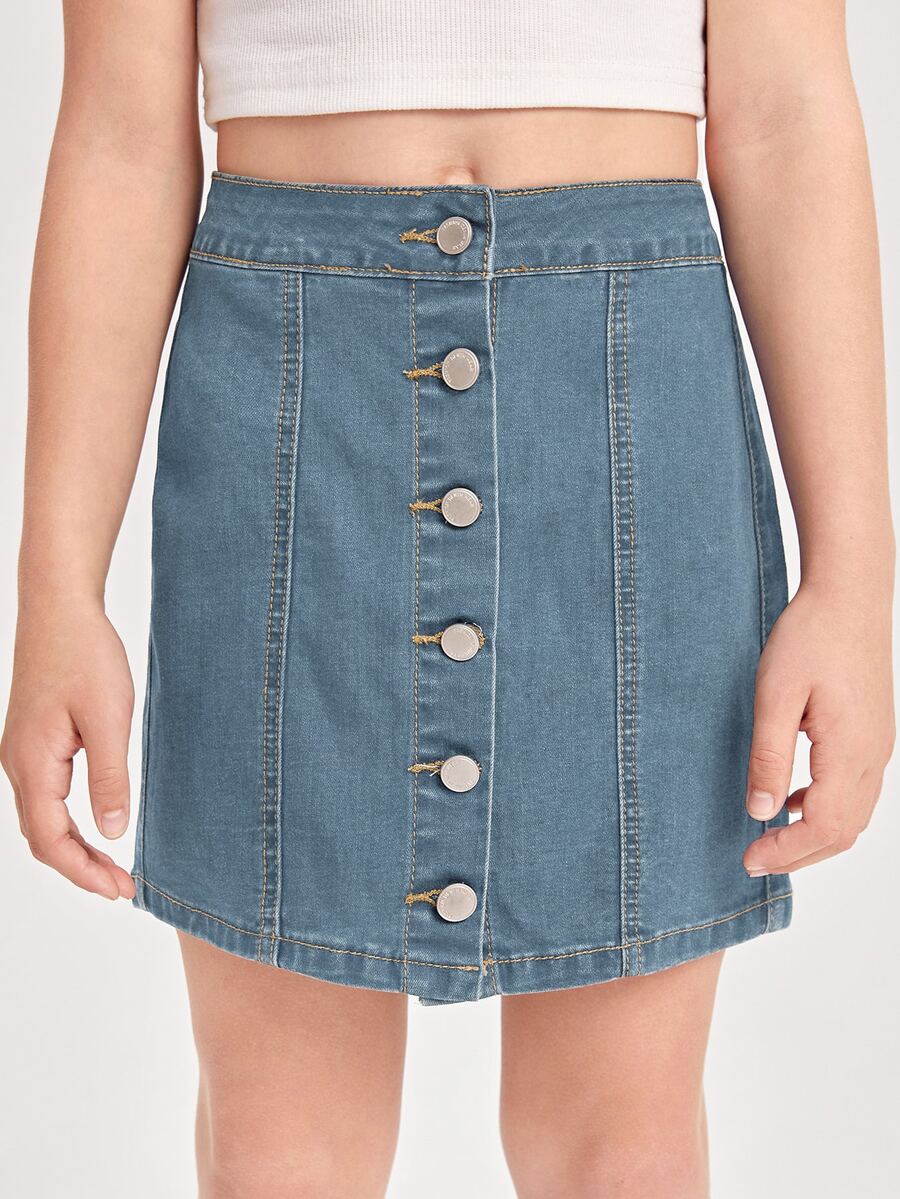 SHEIN Niñas Falda en mezclilla con botón delantero - Azul lavado oscuro - Ver 1
