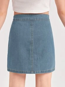 SHEIN Niñas Falda en mezclilla con botón delantero - Azul lavado oscuro - Ver 2