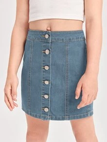 SHEIN Niñas Falda en mezclilla con botón delantero - Azul lavado oscuro - Ver 3