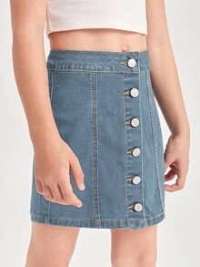 SHEIN Niñas Falda en mezclilla con botón delantero - Azul lavado oscuro - Ver 4
