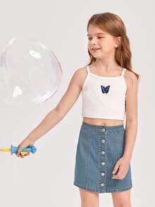SHEIN Niñas Falda en mezclilla con botón delantero - Azul lavado oscuro - Ver 5