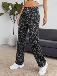 SHEIN Pantalones con estampado de figura - Negro - Ver 3