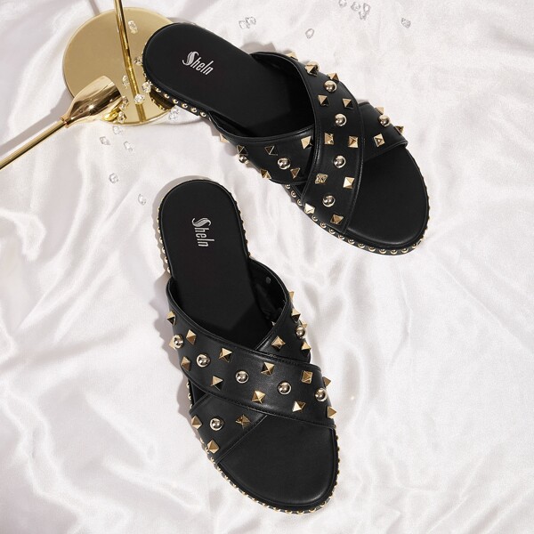 

Studded Decor Cross Strap Slide Sandals, Black