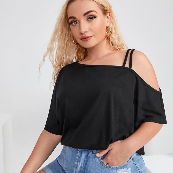 

Plus Asymmetrical Neck Solid Tee, Black