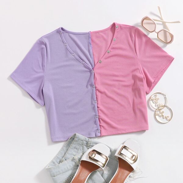 

Plus Two Tone V Neck Tee, Multicolor