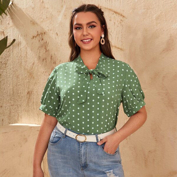

Plus Tie Neck Polka Dot Blouse, Green
