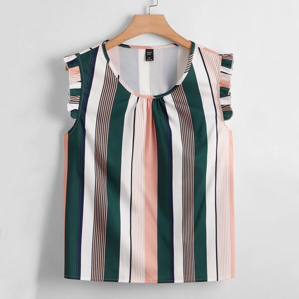 

Plus Striped Ruffle Trim Blouse, Multicolor