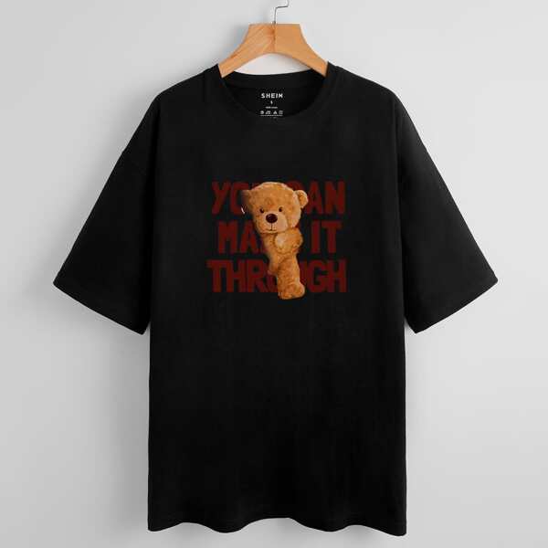 

Slogan & Cartoon Bear Oversized Tee, Black