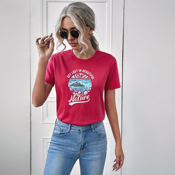 

Slogan And Graphic Print Tee, Rose red