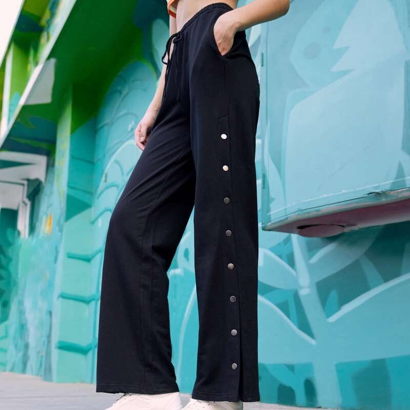 

Drawstring Waist Button Placket Side Pants, Black