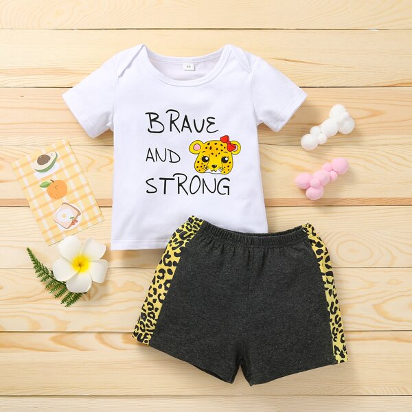 

Baby Girl Cartoon And Slogan Graphic Tee & Shorts, Multicolor