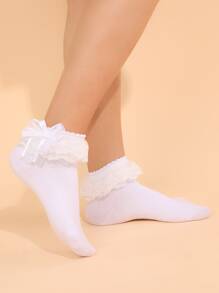 拼接蕾絲邊船襪 - 白色 - 查看 1