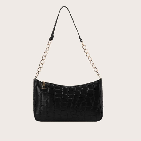 

Croc Embossed Chain Baguette Bag, Black
