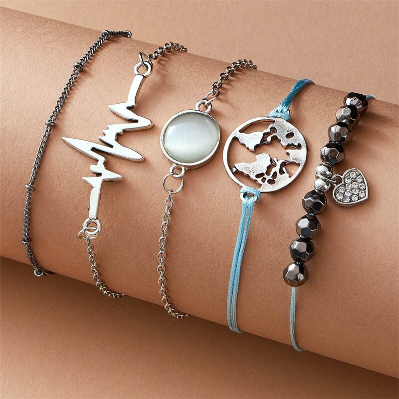 

5pcs Map & Heart Bracelet, Multicolor