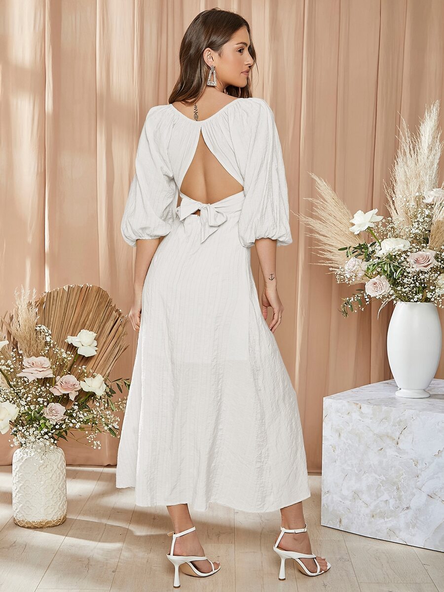 SHEIN Đầm Dây kéo màu trơn Boho - trắng - Xem 1