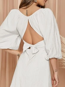 SHEIN Đầm Dây kéo màu trơn Boho - trắng - Xem 4