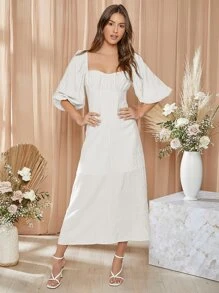 SHEIN Đầm Dây kéo màu trơn Boho - trắng - Xem 5
