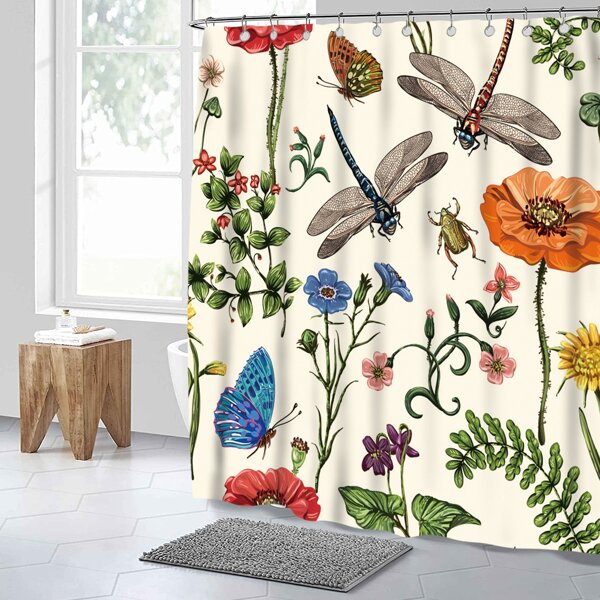 

Flower & Insect Print Shower Curtain, Multicolor