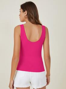 SHEIN BASICS Scoop Neck Solid Tank Top - Hot Pink - View 2