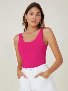 SHEIN BASICS Scoop Neck Solid Tank Top - Hot Pink - View 5