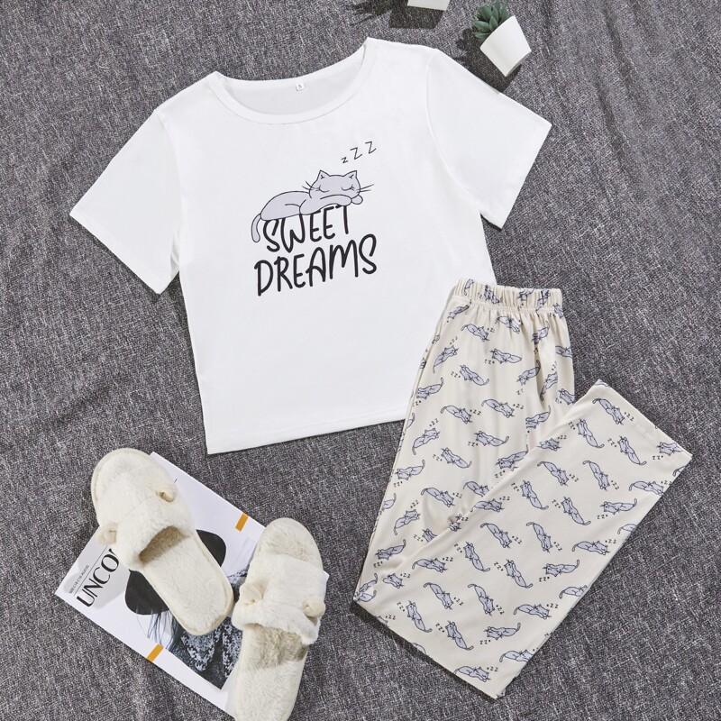 

Letter & Cartoon Graphic Pajama Set, Multicolor