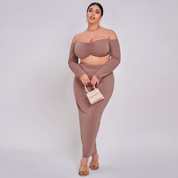 

Plus Solid Bardot Top & Pencil Skirt, Apricot