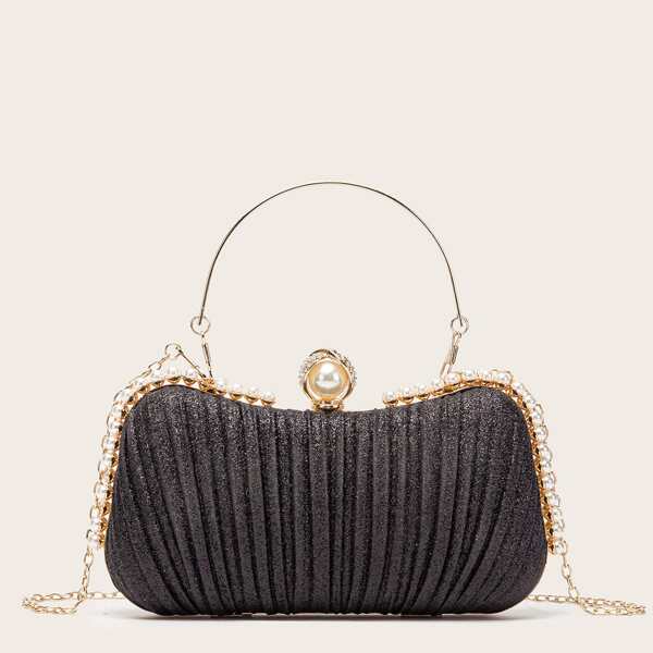 

Faux Pearl Decor Ruched Design Chain Bag, Black