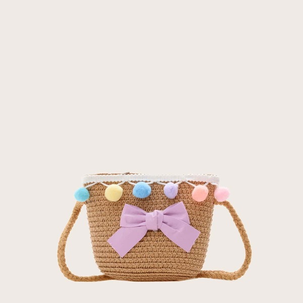 

Girls Bow Decor Pom-pom Charm Straw Bag, Coffee brown