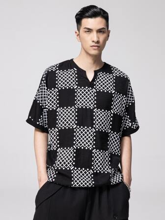 Men Argyle Print Notched Neckline Top
