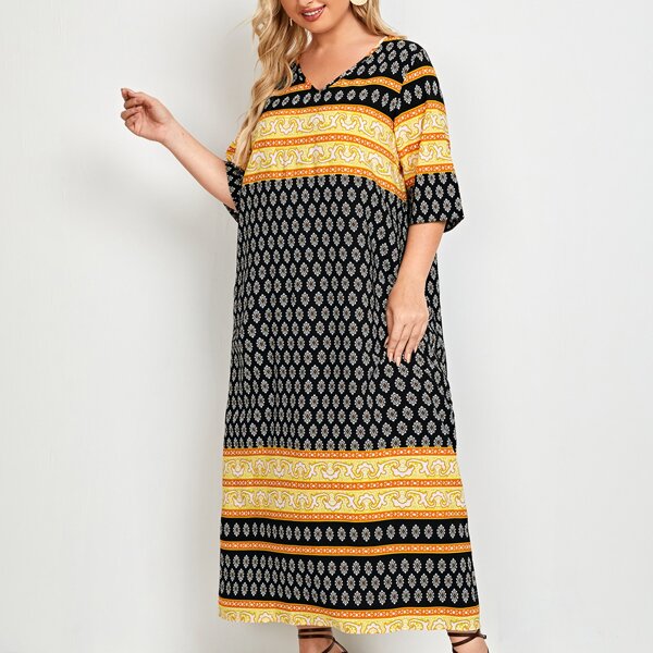 

Plus V-neck Graphic Print Tunic Dress, Multicolor
