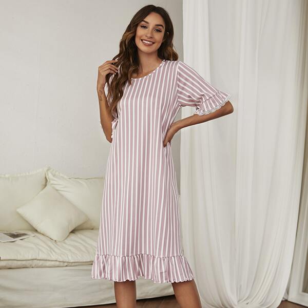 

Striped Lace Trim Ruffle Night Dress, Dusty pink