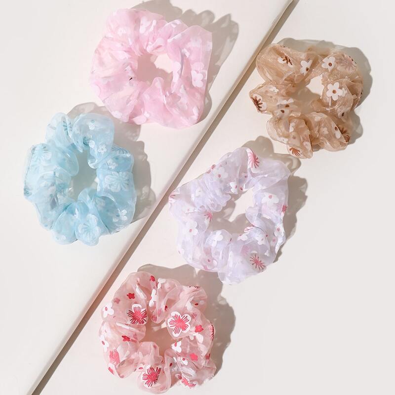 

5pcs Flower Scrunchie, Multicolor