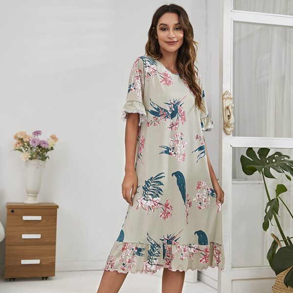

Floral Print Ruffle Hem Night Dress, Multicolor