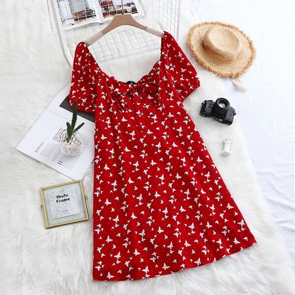 

Plus Butterfly Print Tie Front Backless Dress, Red
