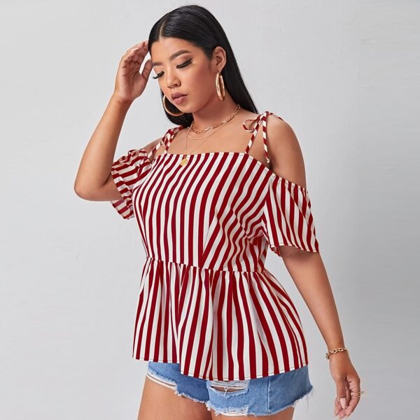 

Plus Striped Cold Shoulder Smock Blouse, Red and white