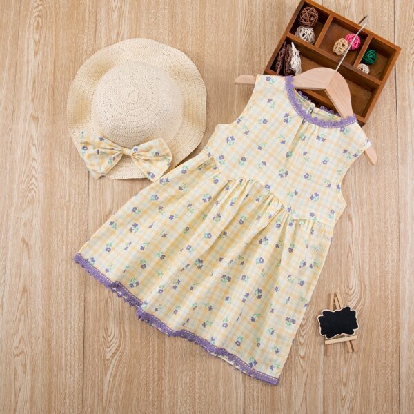

Toddler Girls Ditsy Floral And Plaid Lace Insert Babydoll Dress With Hat, Multicolor