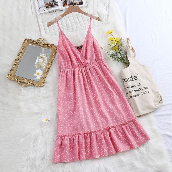 

Plus Polka Dot Wrap Cami Dress, Pink