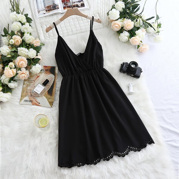 

Plus Solid Laser Cut Cami Dress, Black