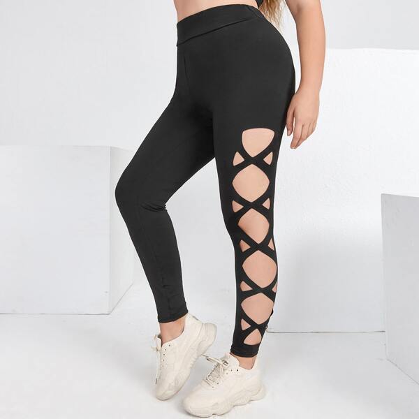 

Plus Cut Out Criss Cross Leggings, Black