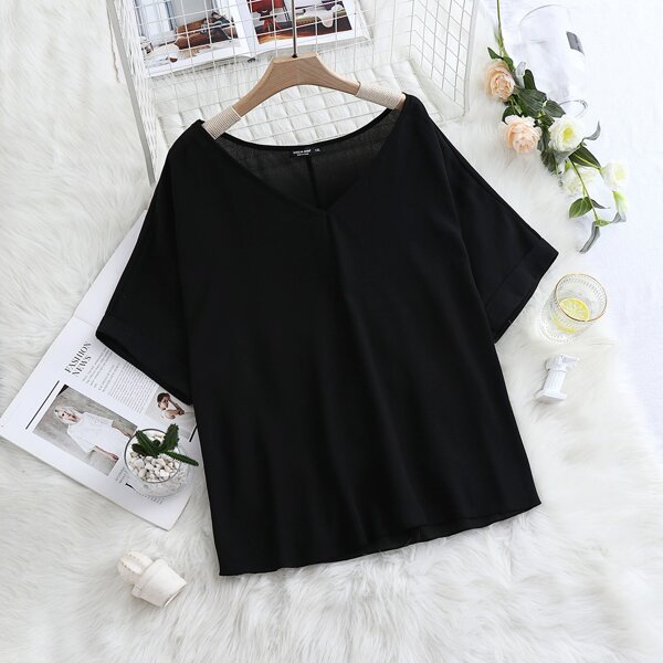

Plus Solid V-Neck Blouse, Black