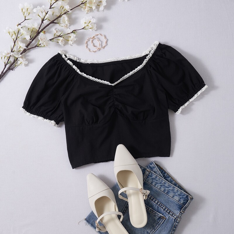 

Contrast Lace Ruched Blouse, Black