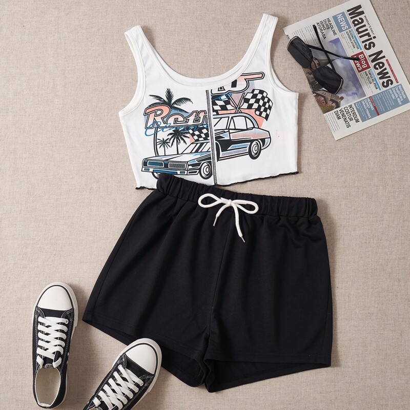 

Car Graphic Tank Top & Drawstring Shorts, Black and white