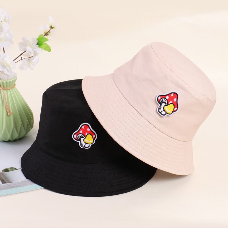 

2pcs Mushroom Embroidery Bucket Hat, Black and white