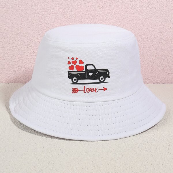 

Letter & Heart Print Bucket Hat, White