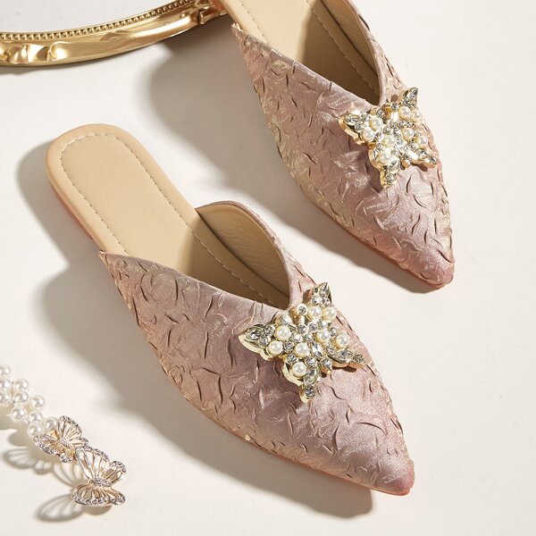 

Rhinestone & Faux Pearl Decor Flat Mules, Pink