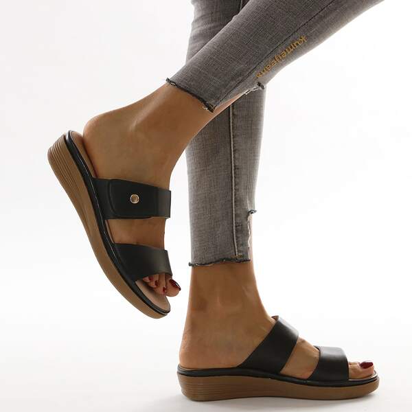 

Double Strap Snap Button Slide Sandals, Black