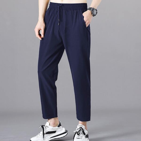 

Men Solid Drawstring Waist Slant Pocket Pants, Navy blue